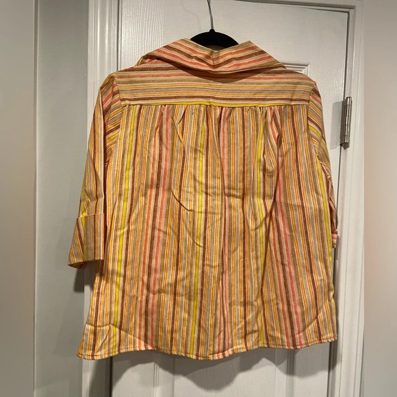VTG 70s AJ Uppers Pointed Collar 3/4 Sleeve Yellow Striped V Neck Top Size L - Picture 10 of 10
